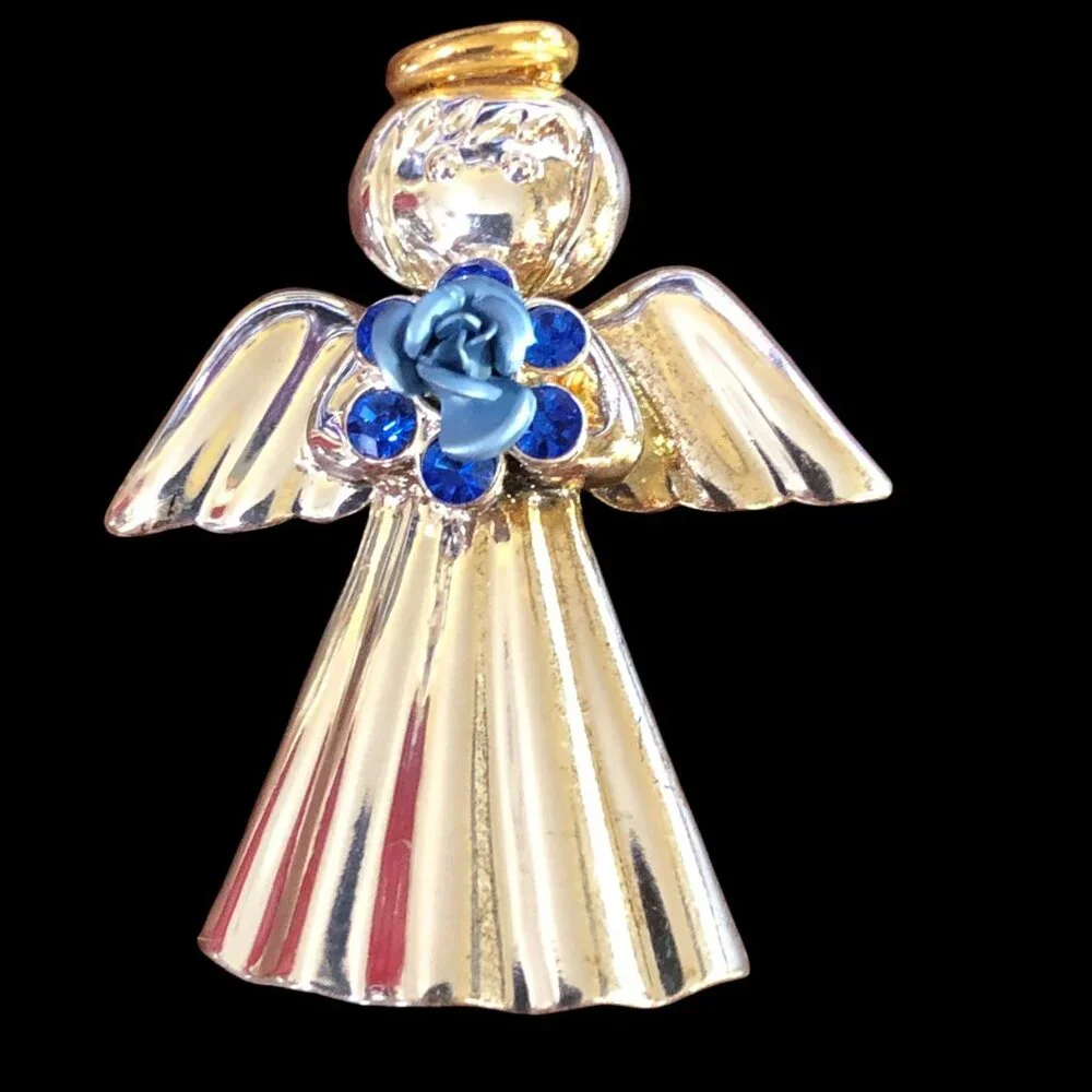 Angel Brooch Blue‎ Rose Silver Tone Pin Gold Halo Pin